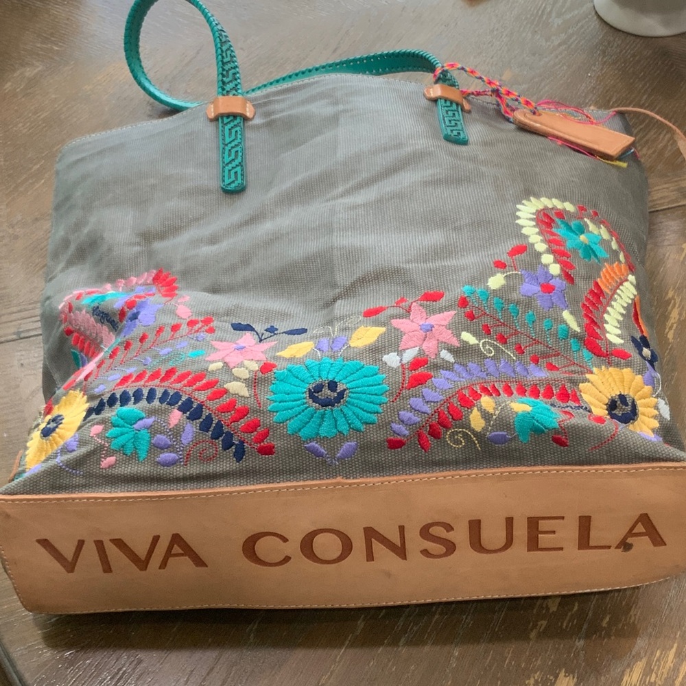 Consuela Charcoal Tote with Multicolor Embroidery